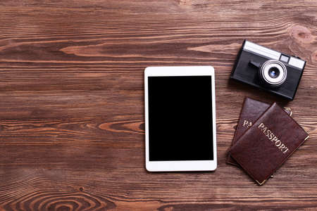 Preparing for travel,reservation ticket close-upの写真素材