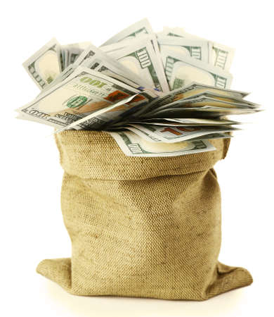 Money in bag isolated on whiteの写真素材