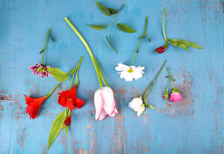 Different flowers on wooden backgroundの写真素材