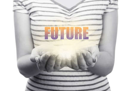 Future concept. Future word with light rays in hands isolated on whiteの写真素材
