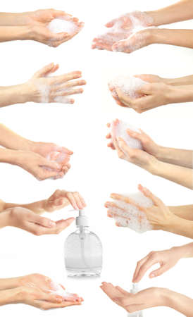 Collage with young beautiful washing hands, isolated on whiteの写真素材
