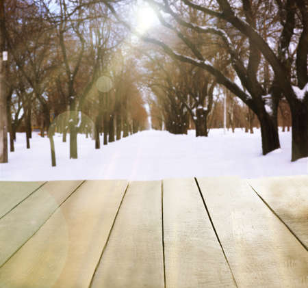 Beautiful winter background with shabby tableの写真素材