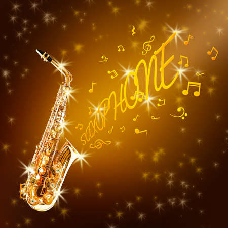 Golden saxophone and notes against shiny backgroundの写真素材
