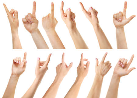 Set of different hands touching or pointing to something, isolated on whiteの写真素材