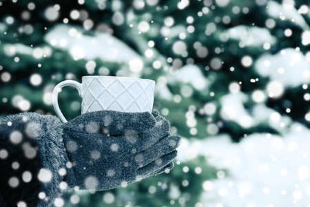 Female hands holding cup of hot drink at the winter park. Snow effectの写真素材