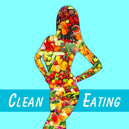 Female silhouette with fruits and vegetables. Clean eating conceptの写真素材