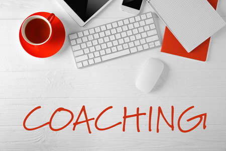 Business training concept. Modern workplace with cup of tea, top viewの写真素材
