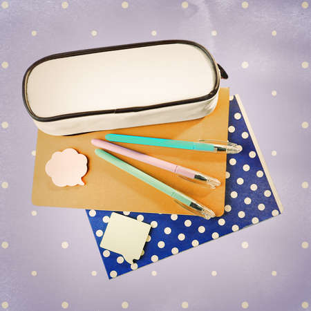 Colorful pens, pencil box and copybooks on color background. School concept.の写真素材