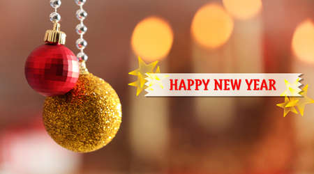 Christmas card. Christmas decoration on bright color backgroundの写真素材