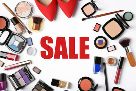 Makeup and beauty sale concept. Cosmetics on white backgroundの写真素材