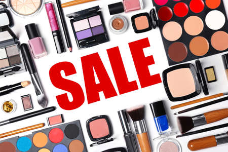 Makeup and beauty sale concept. Cosmetics on white backgroundの写真素材