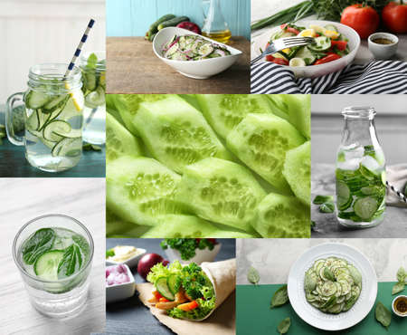 Collage with different ideas of using cucumbers in culinaryの写真素材