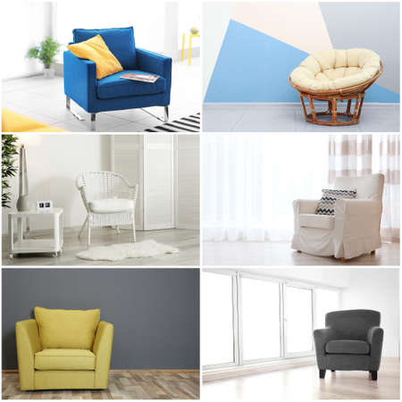 Collage with different armchairs in modern interior designの写真素材