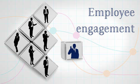 Wooden cubes with icons on light background. Concept of employee engagementの写真素材