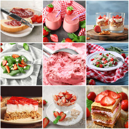 Collage of different dishes with strawberryの写真素材