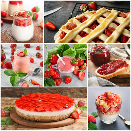Collage of different dishes with strawberryの写真素材
