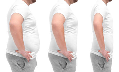 Overweight man before and after weight loss on white backgroundの写真素材