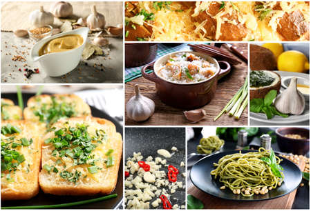 Collage of different dishes with garlicの写真素材