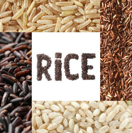 Collage with different kinds of riceの写真素材