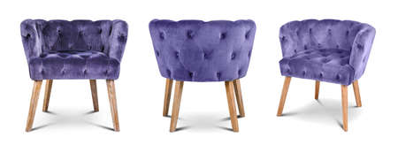 Different views of comfortable armchair on white backgroundの写真素材