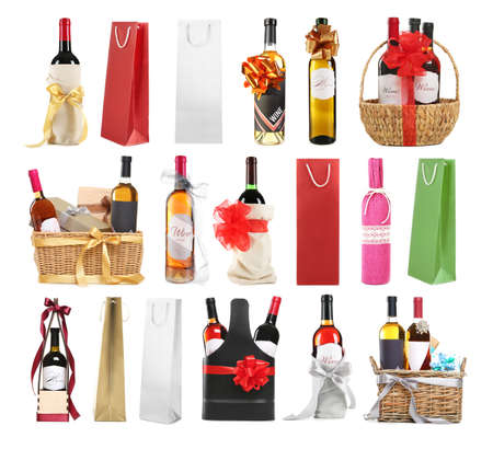 Set of wine gifts with festive decor on white backgroundの写真素材