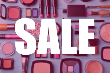 Makeup and beauty sale concept. Blurred cosmetics backgroundの写真素材