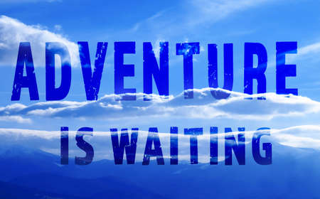 Text ADVENTURE IS WAITING on landscape backgroundの写真素材