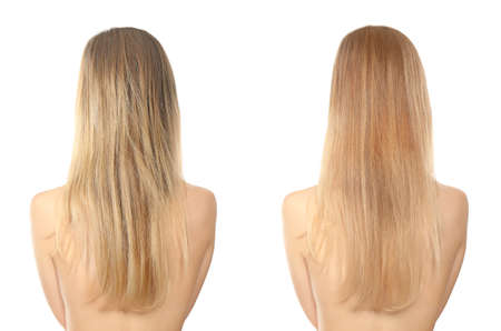 Woman before and after hair treatment on white backgroundの写真素材