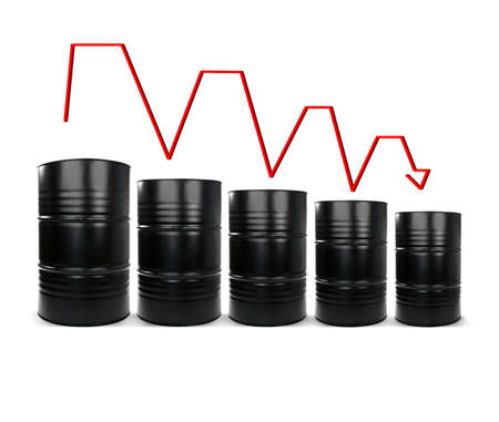 Oil prices concept. Barrels of black gold on white backgroundの写真素材