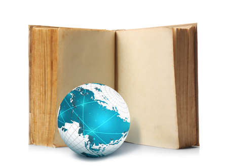 Globe and book on white background. World literature conceptの写真素材