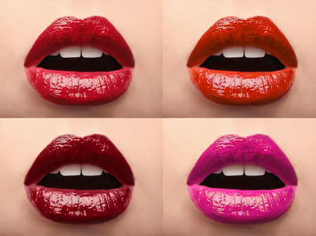 Woman with different colors of lips, closeup. Beauty and makeup collageの写真素材