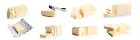 Collage of butter on white backgroundの写真素材