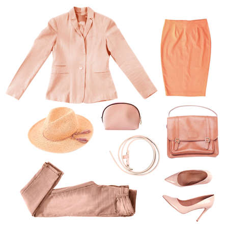 Stylish apricot color clothes and accessories on white background. Fashion collageの写真素材