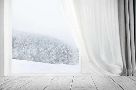 Wooden table and window on backgroundの写真素材