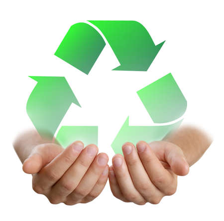 Male hands holding sign of recycling on white background. Ecology and environment conservationの写真素材