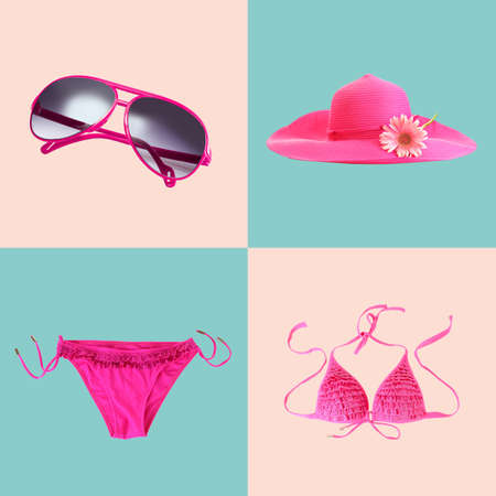 Collage of beach set on colorful backgroundの写真素材