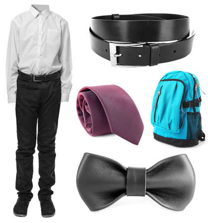 Set of school uniform with accessories for boy on white backgroundの写真素材
