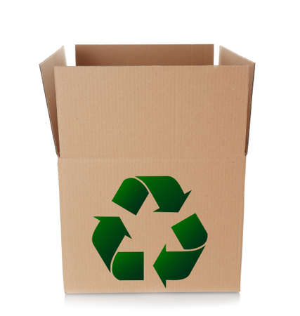 Cardboard box with sign of recycling on white background. Ecology and environment conservationの写真素材