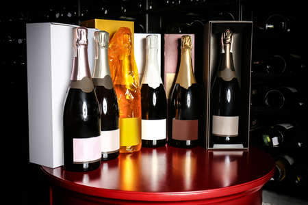Bottles of wine on table at storeの写真素材