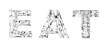 Word EAT made of cutlery on white background. Creative designの写真素材