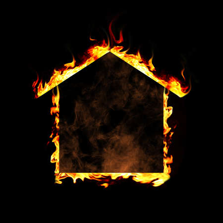 House of flame on black background. Fire safety conceptの写真素材