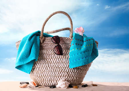 Beach accessories on sea shore. Summer vacation conceptの写真素材