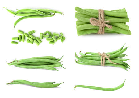 Collage of green beans on white backgroundの写真素材