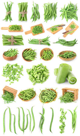 Collage of green beans on white backgroundの写真素材