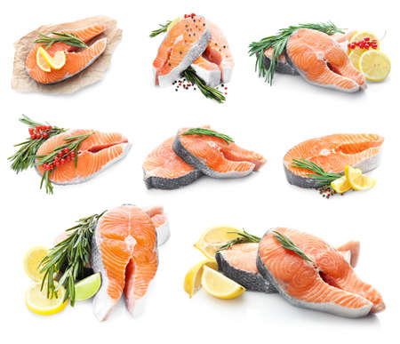 Collage of salmon steaks and rosemary on white backgroundの写真素材