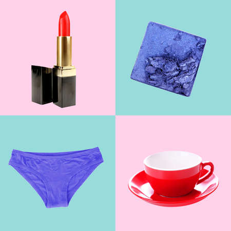 Collage of cosmetic, cup and panties on colorful backgroundの写真素材