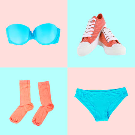 Collage of underwear, socks and gumshoes on colorful backgroundの写真素材