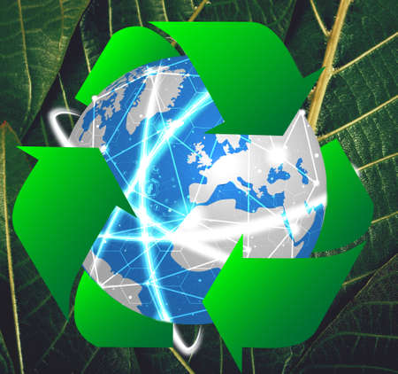 Globe with sign of recycling and leaves on background. Ecology and environment conservationの写真素材