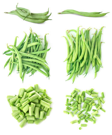Collage of green beans on white backgroundの写真素材