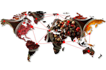 Double exposure of world map and different spices on white background. Logistic and wholesale conceptの写真素材